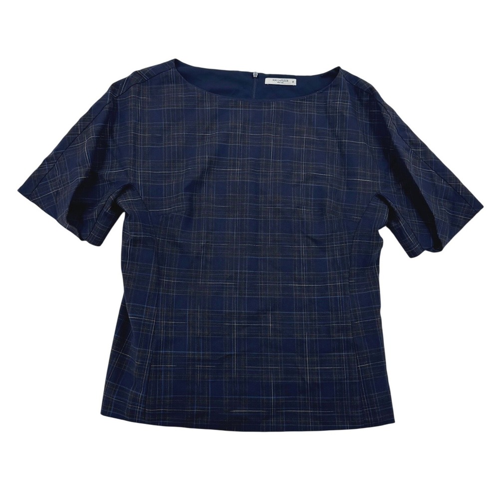 MM LaFleur Plaid Eudora Top Women 10 Navy Excellent Virgin Wool Short Sleeve